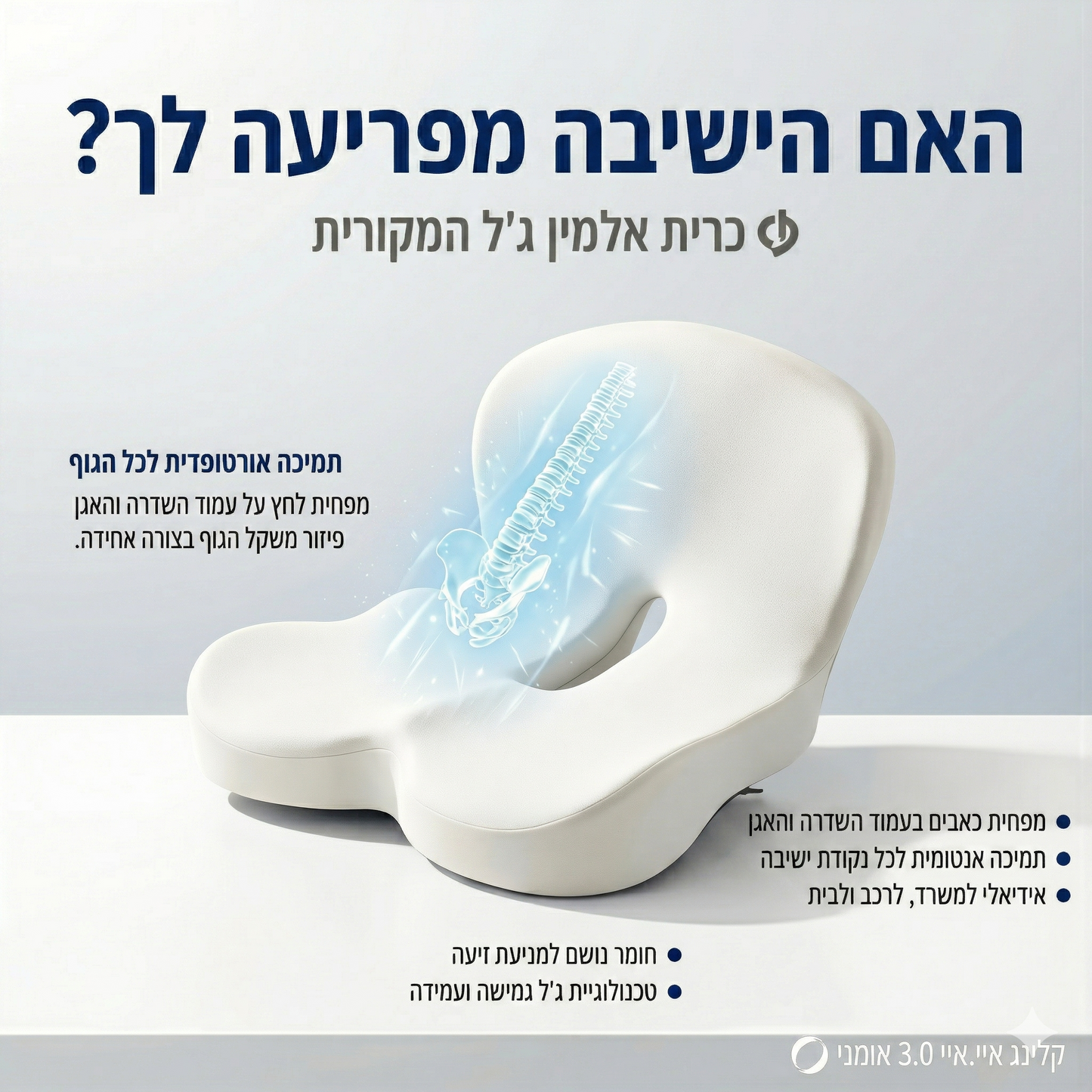 כרית מושב אורתופדית עם קצף זיכרון (Memory Foam)